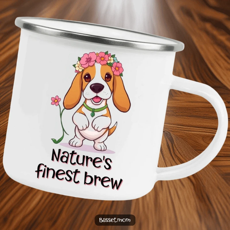 Funny Basset Hound camping mug featuring a dog with a floral headband and flower, designed for outdoor enthusiasts who love humor.