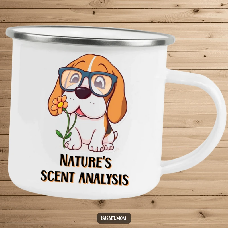 Funny Basset Hound camping mug with a dog wearing large glasses, curiously sniffing a flower, great for outdoor use.