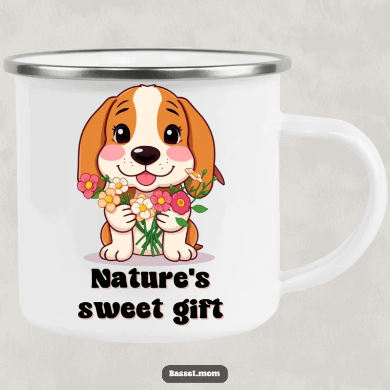 Funny Basset Hound camping mug, a dog with rosy cheeks offering flowers, perfect for outdoor enjoyment and spreading sweetness, a durable gift.
