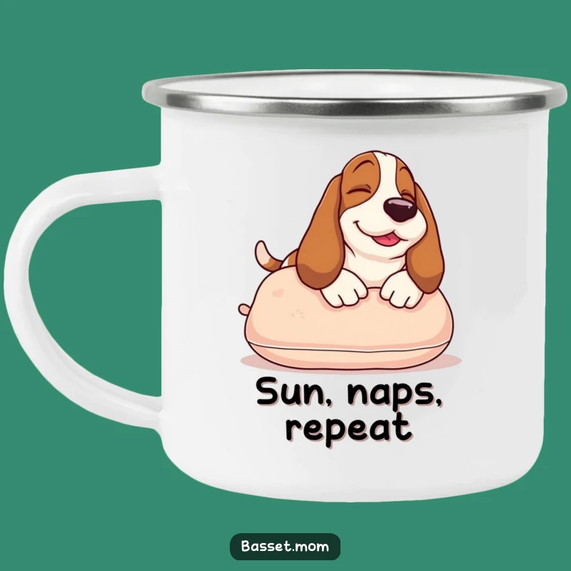 Funny Basset Hound Camping Mug: Sunbathing Pup for Outdoor Relaxation