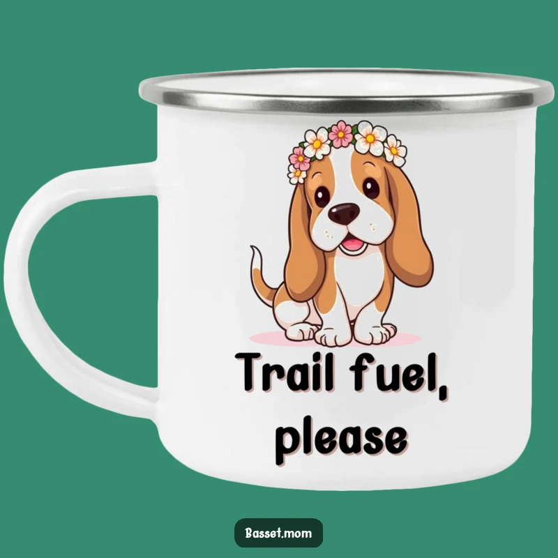 Funny Flower Crown Basset Hound Camping Mug: Droopy Ears Wagging Tail - Outdoor Funny Gift