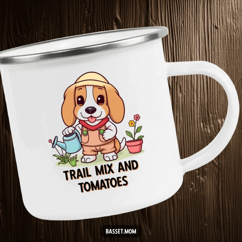 Funny Basset Hound in gardening gear, holding a watering can, printed on a sturdy enamel camping mug.