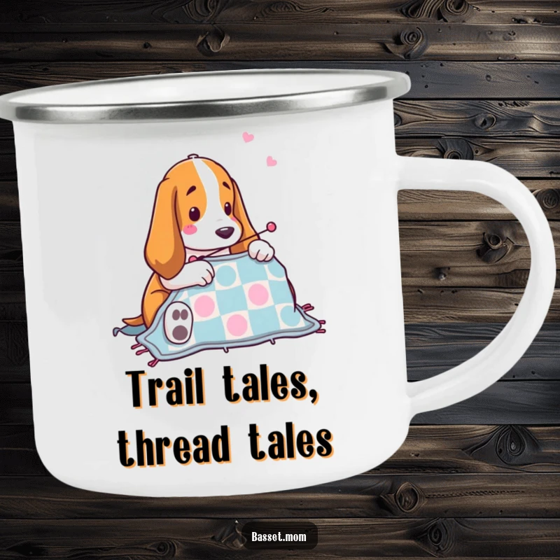 Funny Basset Hound quilting camping mug showing a dog sewing a quilt, durable and humorous for outdoor adventures, a funny gift for campers.