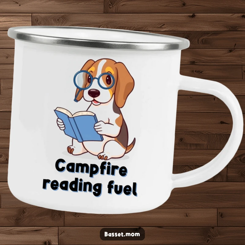 Funny Basset Hound camping mug with a dog wearing a monocle and reading a book, blending outdoor utility with humorous sophistication.