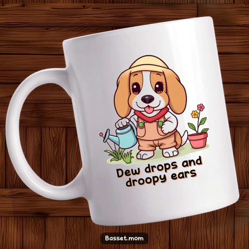 Funny Basset Hound in a gardening outfit holding a small watering can, looking delighted on a coffee mug.