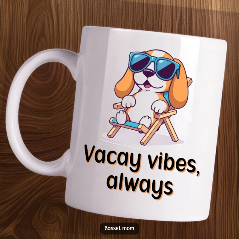 Funny Basset Hound Beach Mug: A Basset hound in oversized sunglasses lounges on a tiny beach chair, embodying cool relaxation, perfect funny gift.