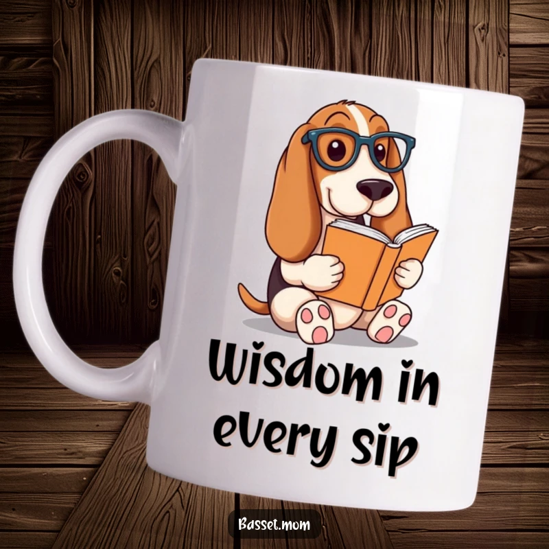 Funny Basset Hound mug, a dog wearing reading glasses engrossed in a book, symbolizing intelligence and love for reading, a scholarly gift.
