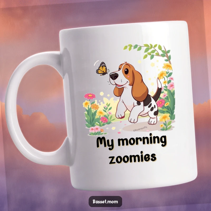 Funny Basset Hound Mug: A happy dog joyfully chases a butterfly through a sunny garden, bringing smiles.