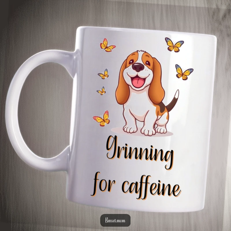 Funny Basset Hound mug illustration of a happy dog with a goofy grin, joyfully chasing a butterfly through a meadow, capturing pure delight.