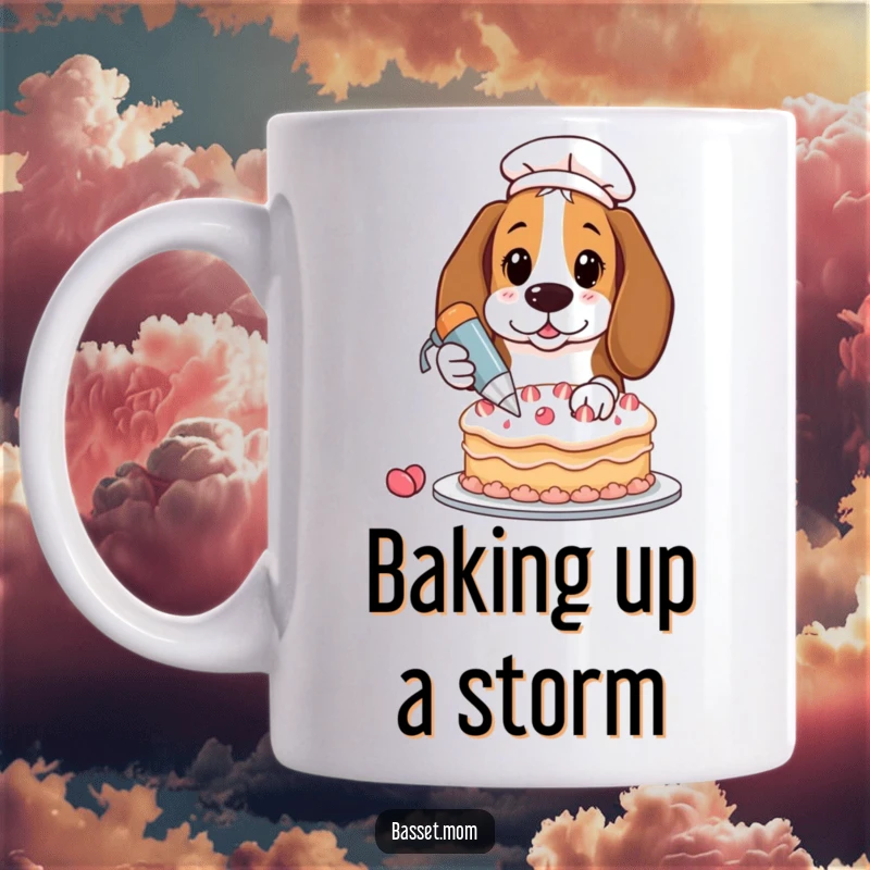 Funny Basset Hound decorating a cake with a pastry bag, messy but happy, humorous baking mug, dog lover gift.
