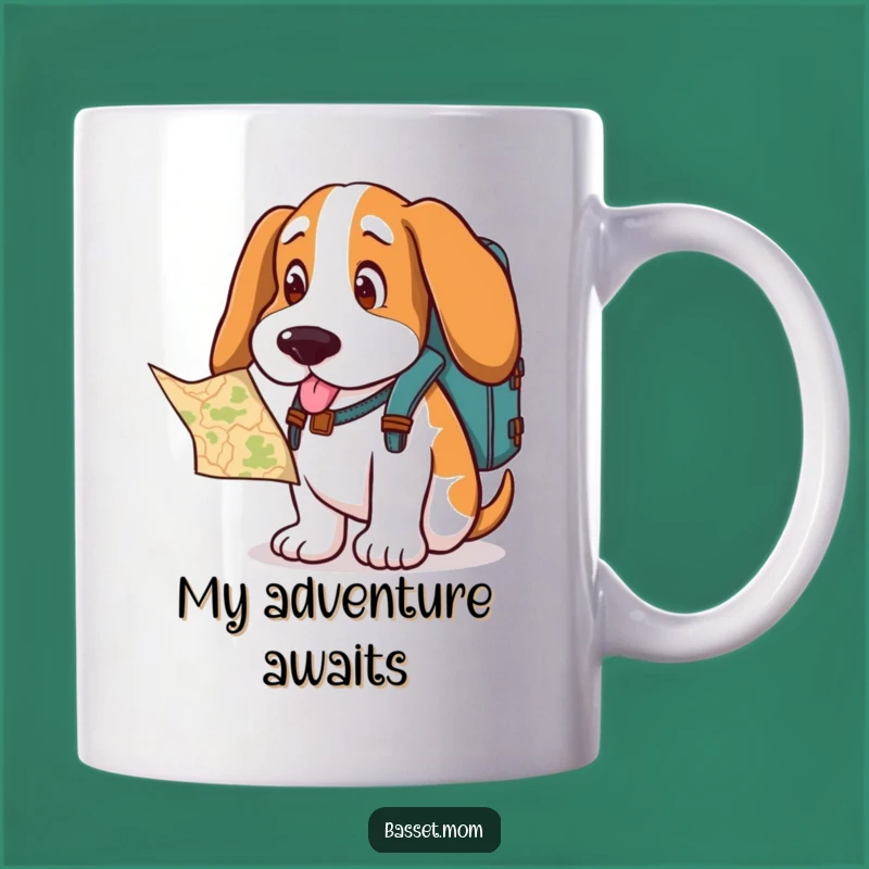 Funny Basset Hound Explorer Mug - Adventurous Dog Gift with Backpack & Map