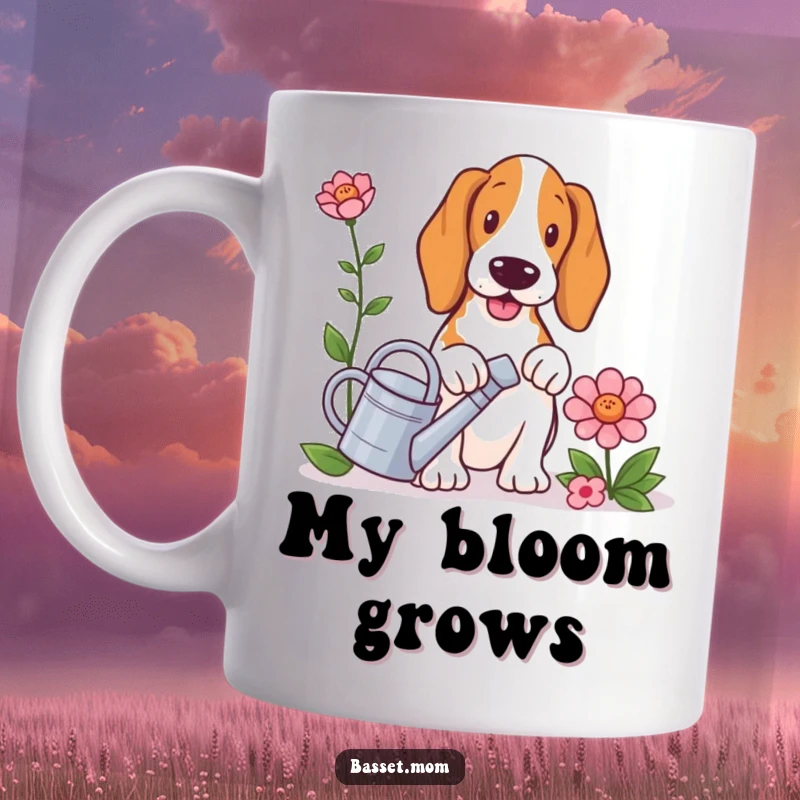 Funny Basset Hound mug, a dog with a tiny watering can, carefully watering a surprisingly large flower, embodying gentle care.