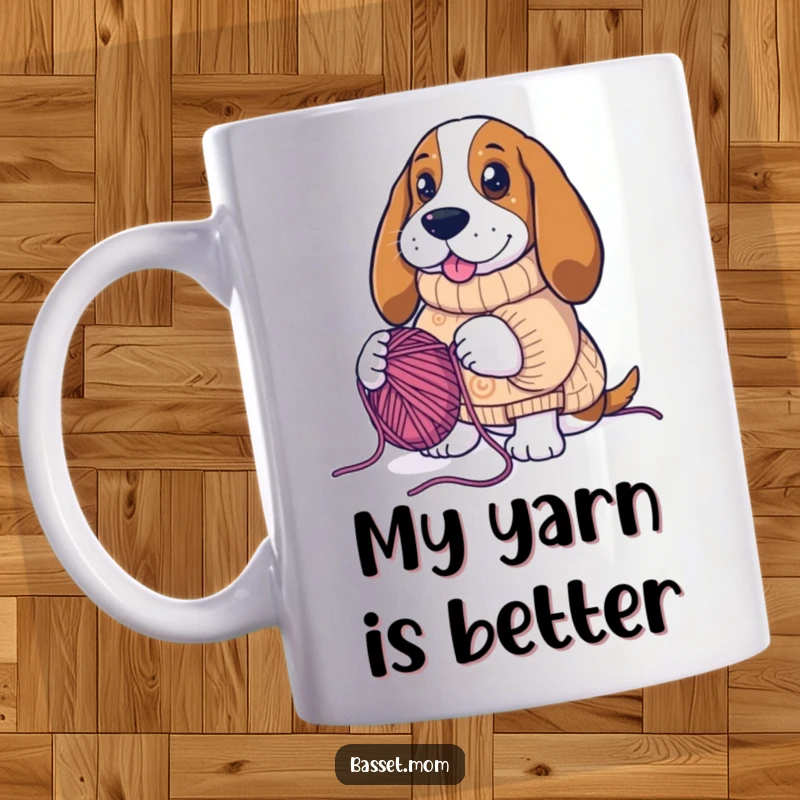 Funny Basset Hound knitting sweater, creating a tangled mess of yarn, humorous dog art, perfect gift for crafters.