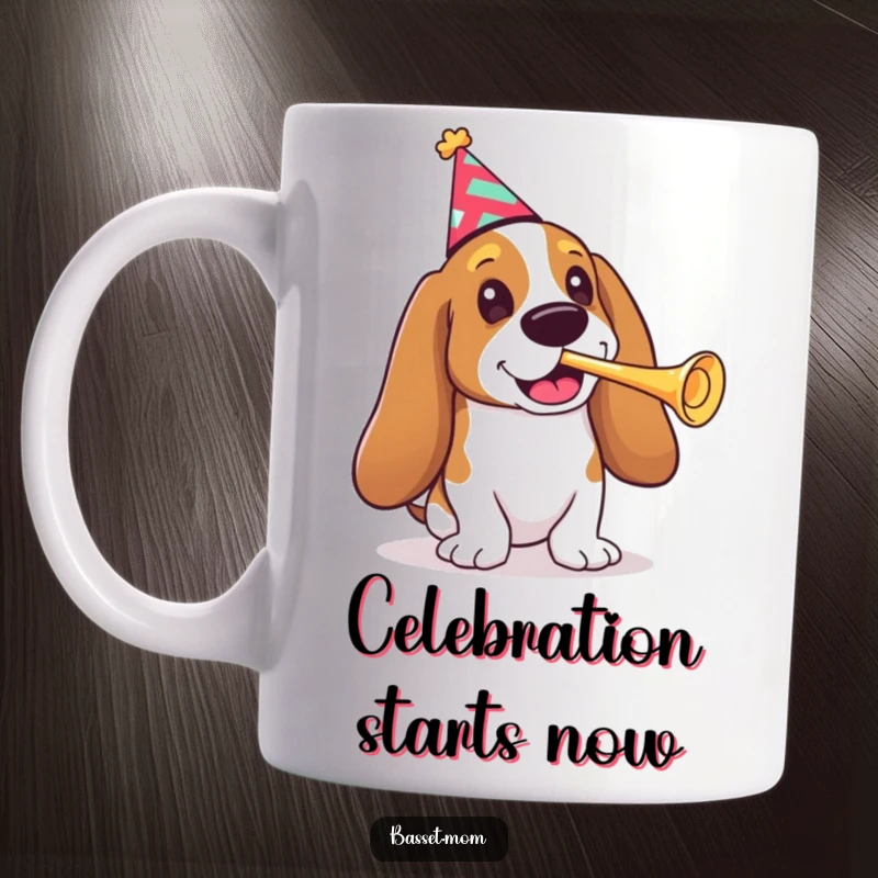 Funny Basset Hound mug, a dog wearing a colorful party hat, zealously blowing a small trumpet, radiating pure celebratory energy.