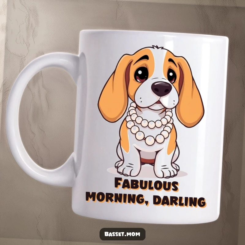 Funny Basset Hound mug, a dog in a pearl necklace striking a dramatic, glamorous pose.