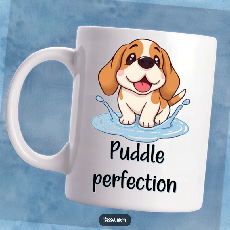 Funny Basset Hound mug depicting a droopy-eared dog joyfully splashing in a puddle, capturing pure canine happiness.