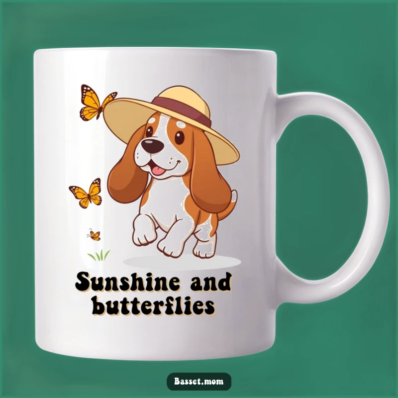 Funny Basset Hound Sun Hat Butterfly Chase Mug - Playful Dog Lover Gift