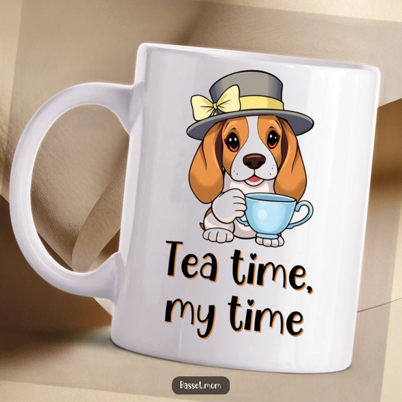 Funny Basset Hound wearing a fancy hat, delicately holding a teacup with its paw, looking poised on a coffee mug.