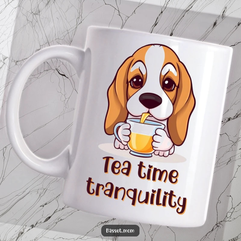 Funny Basset Hound mug showing a droopy-eared dog with soulful eyes gracefully sipping tea, embodying quiet sophistication and humor.
