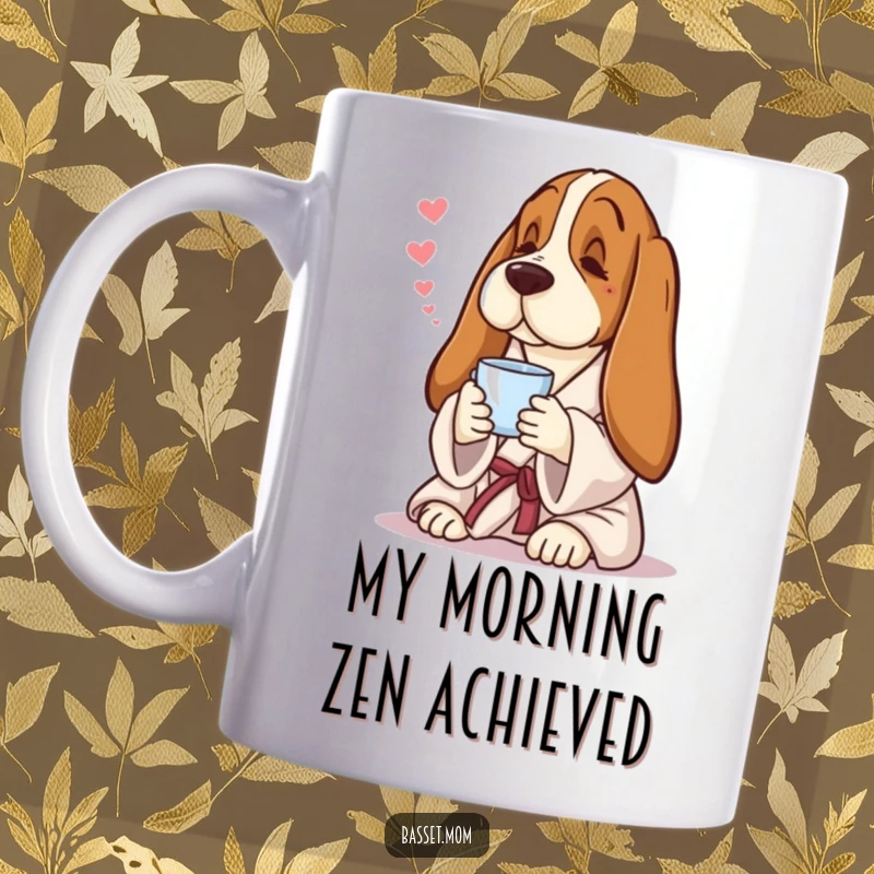 Funny Basset Hound mug, a droopy-eared dog in a fluffy robe, contentedly sipping tea, perfect for tea lovers.