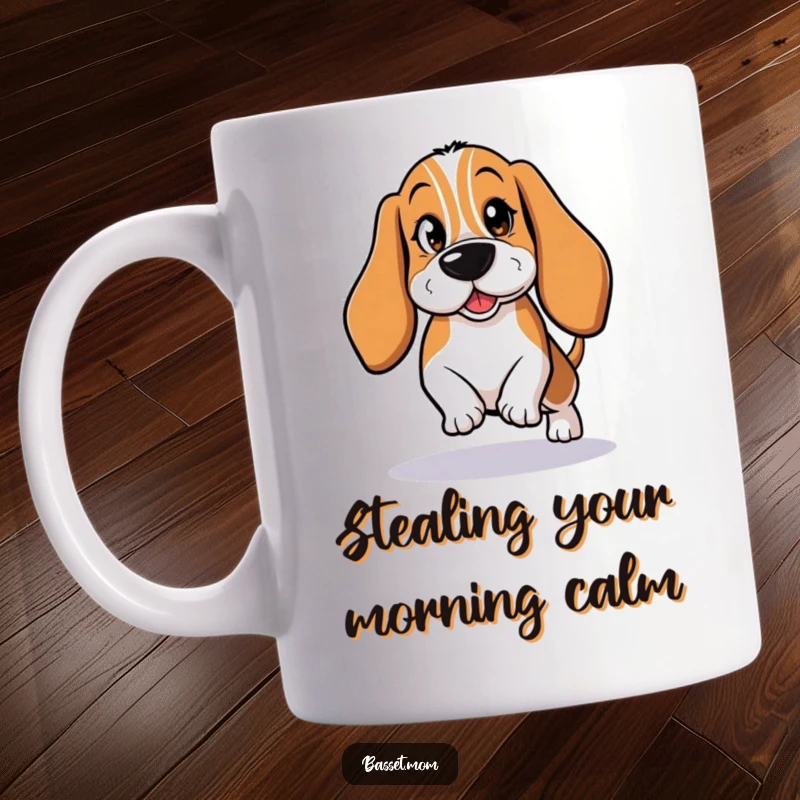 Funny Basset Hound Mug: A mischievous dog tiptoeing with a wink, perfect for secret keepers.