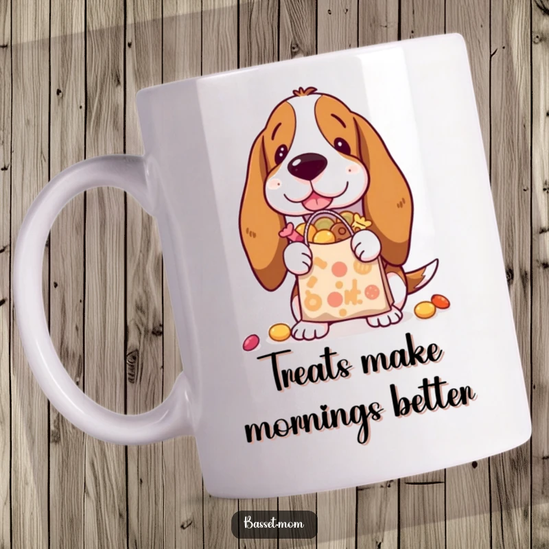 Funny Basset Hound with a tiny shopping bag spilling over with delicious treats, looking ecstatic on a coffee mug.