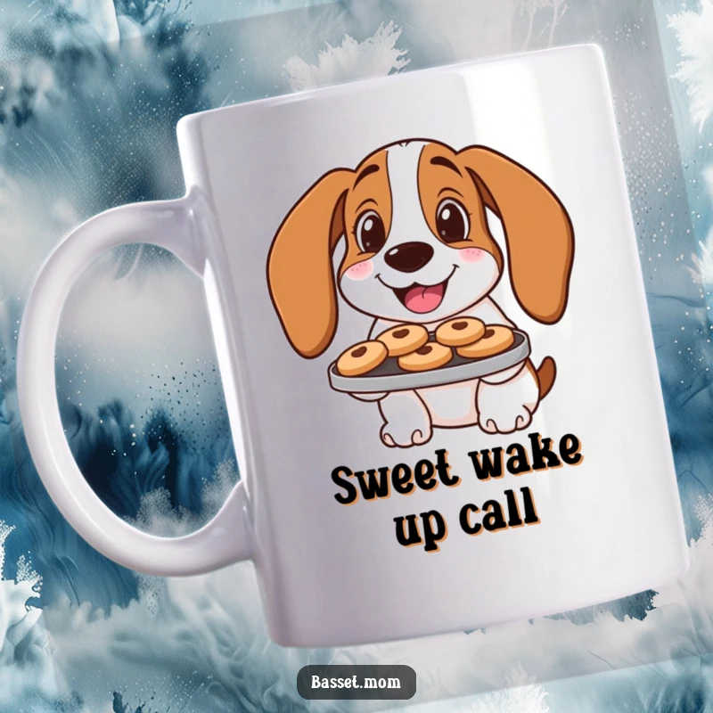 Funny Basset Hound Mug: A smiling dog holds a tray of cookies, offering a sweet treat.