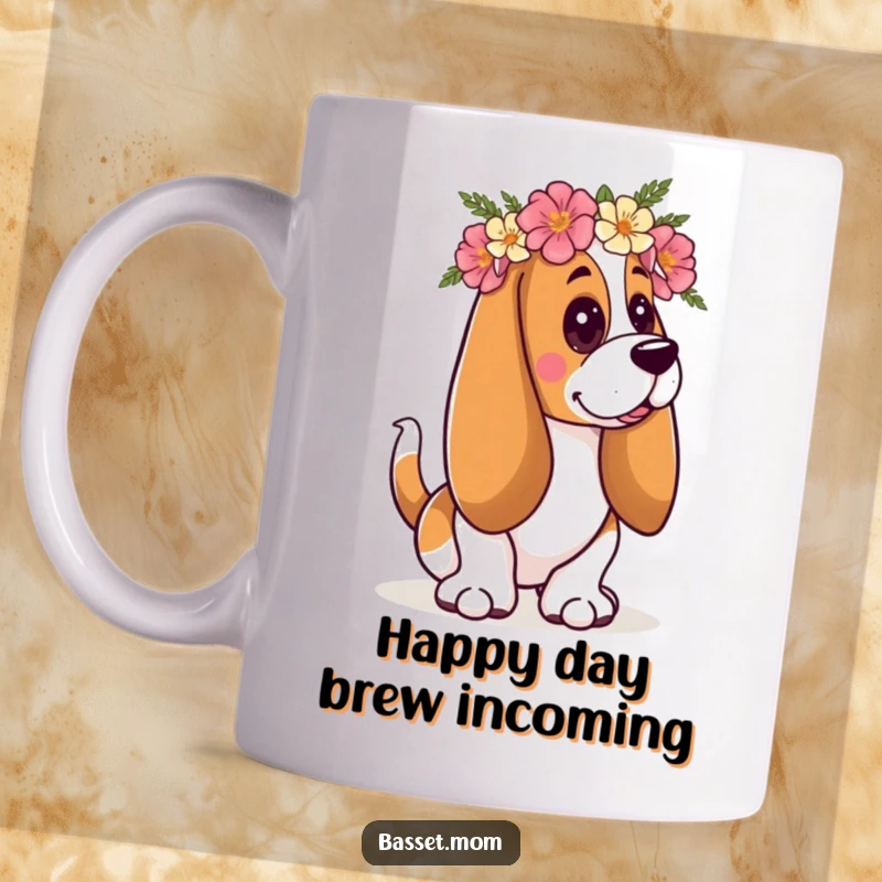 Funny floral crown Basset Hound mug showing a happy dog wagging its tail, radiating pure joy and floral charm.