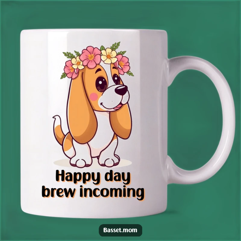 Funny Floral Crown Basset Hound Mug: Cheerful & Happy Dog Lover Gift