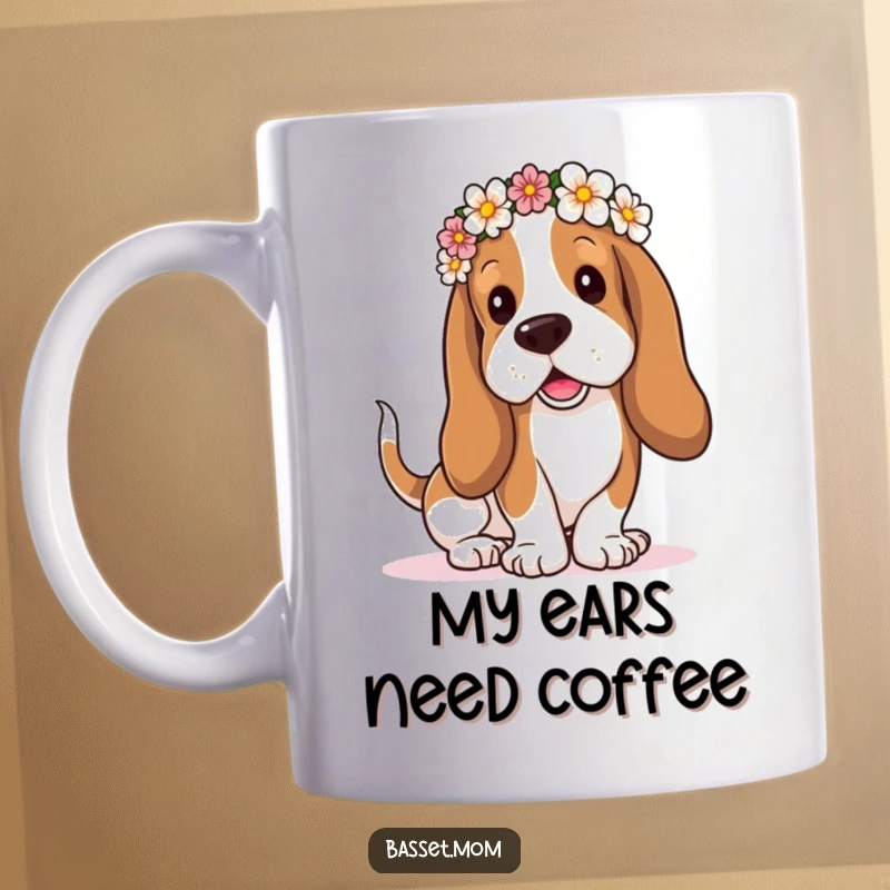 Funny Basset Hound mug with droopy ears in a flower crown, tail wagging happily, bringing floral cheer and playful vibes.