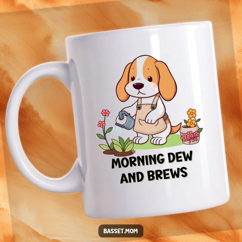 Funny Basset Hound mug of a dog in a gardening apron watering a flower, embodying a passion for plants and humor.