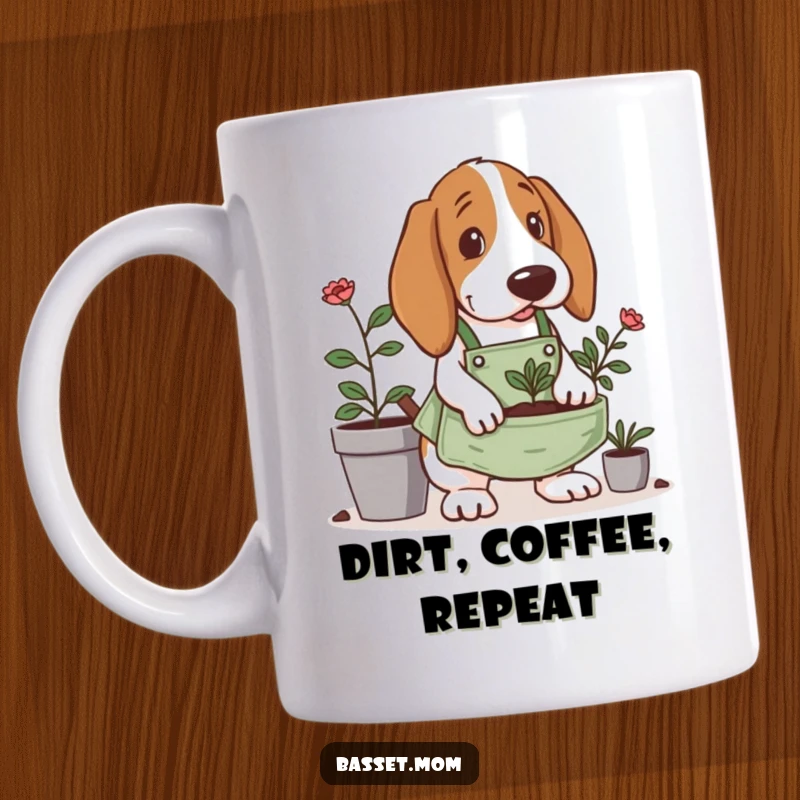 Funny Basset Hound mug, wearing a tiny gardening apron, enthusiastically digging in a planter, a charming scene for plant lovers.