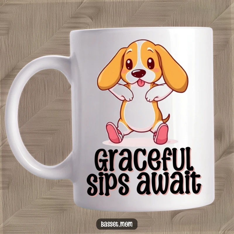Funny Basset Hound in ballet slippers, practicing a pose, humorous dog mug, gift for dancers.