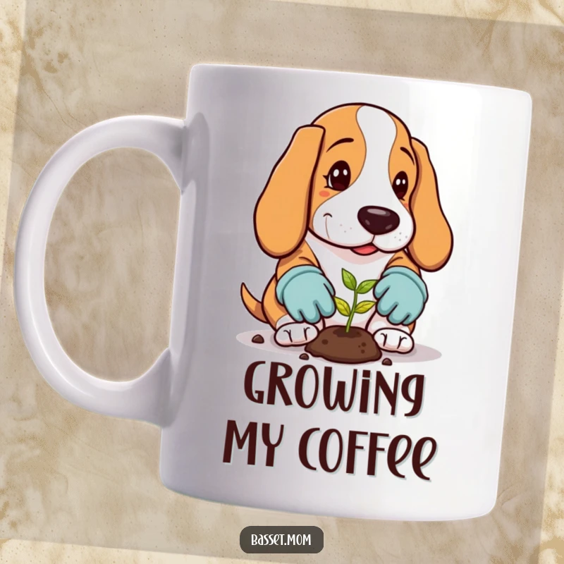 Funny Basset Hound Mug: A dog wearing gloves plants a tiny seed, embodying gardening humor.