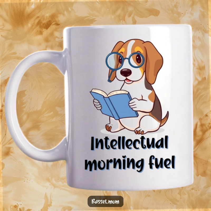 Funny Basset Hound mug with a monocle and reading a tiny book, exuding a humorous, intellectual, and distinguished personality.