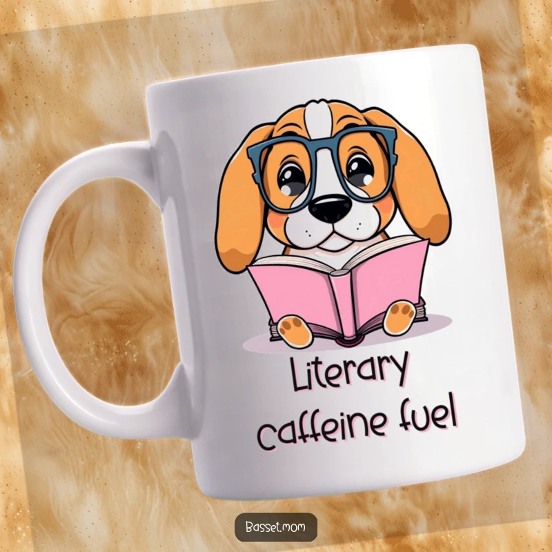 Funny Basset Hound mug showing a dog with glasses contentedly reading a book, embodying quiet intelligence and humor.