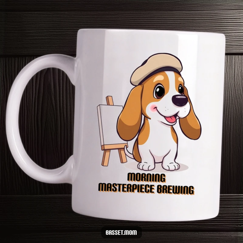 Funny Basset Hound Artist Mug: A Basset hound in a tilted beret happily paints a cheerful picture, embodying artistic spirit, perfect funny gift.