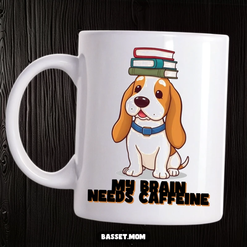 Funny Basset Hound mug, elegantly balancing a tall stack of books on its head, showcasing intelligence and humor.