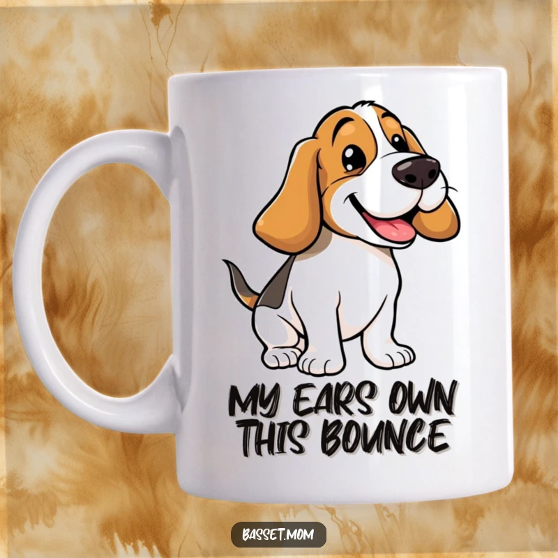 Funny Basset Hound mug with floppy ears bouncing enthusiastically, showcasing pure doggy joy and a comical, energetic personality.
