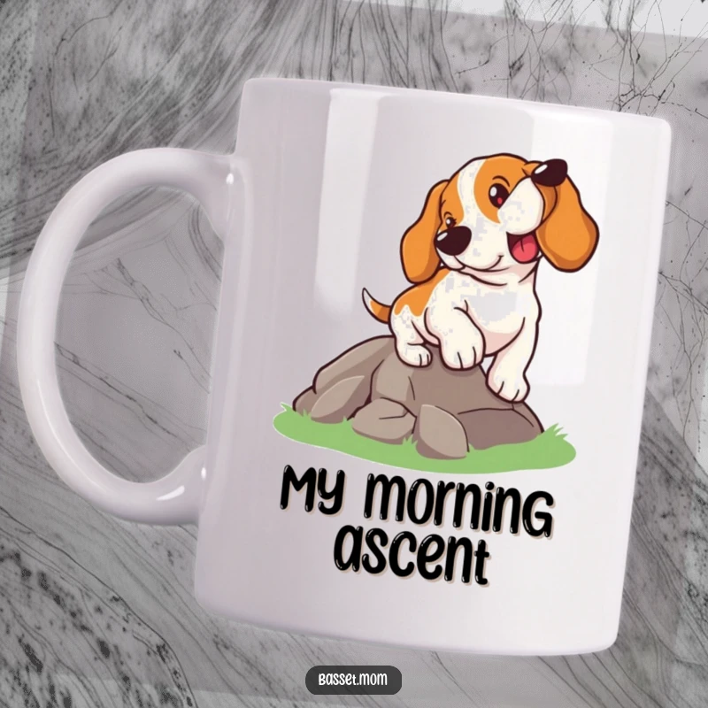 Funny Basset Hound mug, a determined dog climbing a small hill with focus, symbolizing perseverance and strength, a motivational gift.