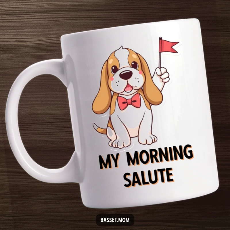 Funny plush Basset Hound in a bow tie proudly waves a tiny flag, exuding dapper charm and joy on this delightful mug.