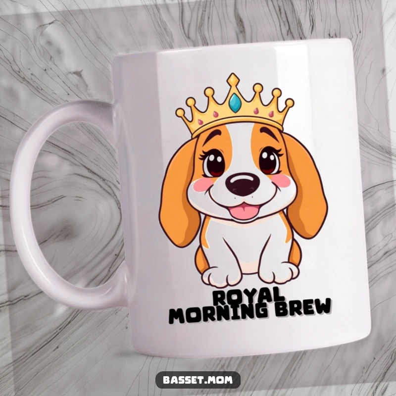 Funny Basset Hound wearing a crown poses regally with a smile, depicted on a coffee mug, embodying royal canine charm and humor.
