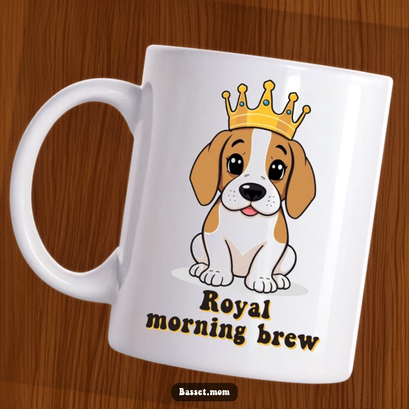 Funny Basset Hound wearing a tiny crown, surveying its kingdom, humorous dog mug, gift for dog lovers.