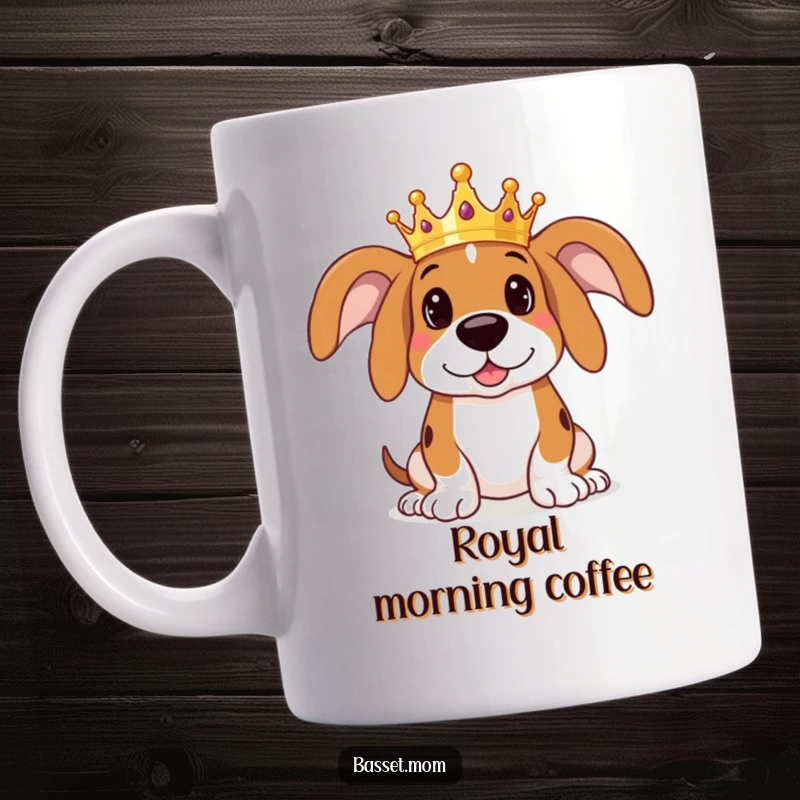 Funny regal Basset Hound mug featuring a dog wearing a tiny crown, looking both dignified and playfully mischievous, exuding canine charm.