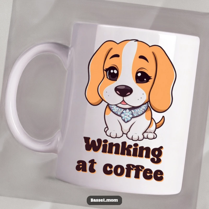 Funny Basset Hound with a sparkly collar gives a charming wink, depicted on a coffee mug, conveying playful and endearing humor.