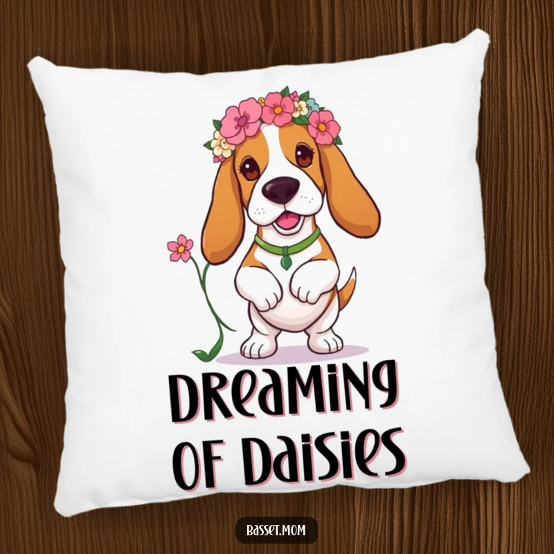 Funny Basset Hound pillow featuring a dog with a floral headband, prancing with a flower, adding a touch of playful comfort.