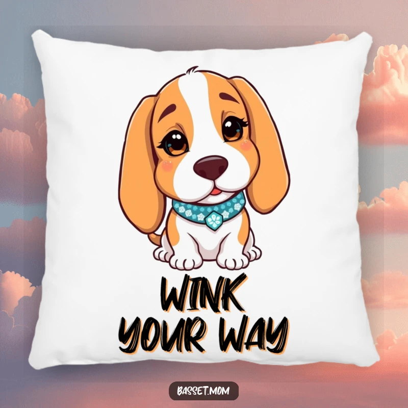 Funny Basset Hound pillow featuring a dog with a sparkly collar, charmingly winking, adding a humorous and comfortable touch.