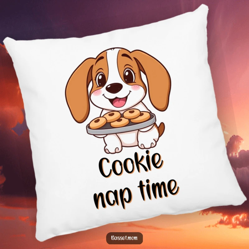 Funny Basset Hound Pillow: A smiling dog offers cookies, soft and sweet home decor.