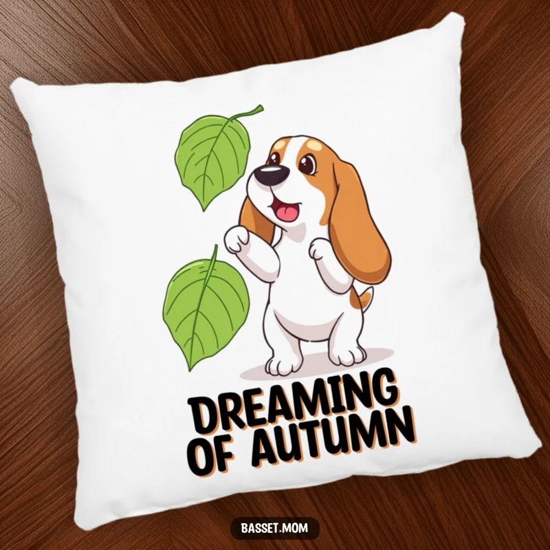 Funny Basset Hound pillow, depicting a dog trying to catch a big falling leaf, providing comfortable and humorous seasonal decor.