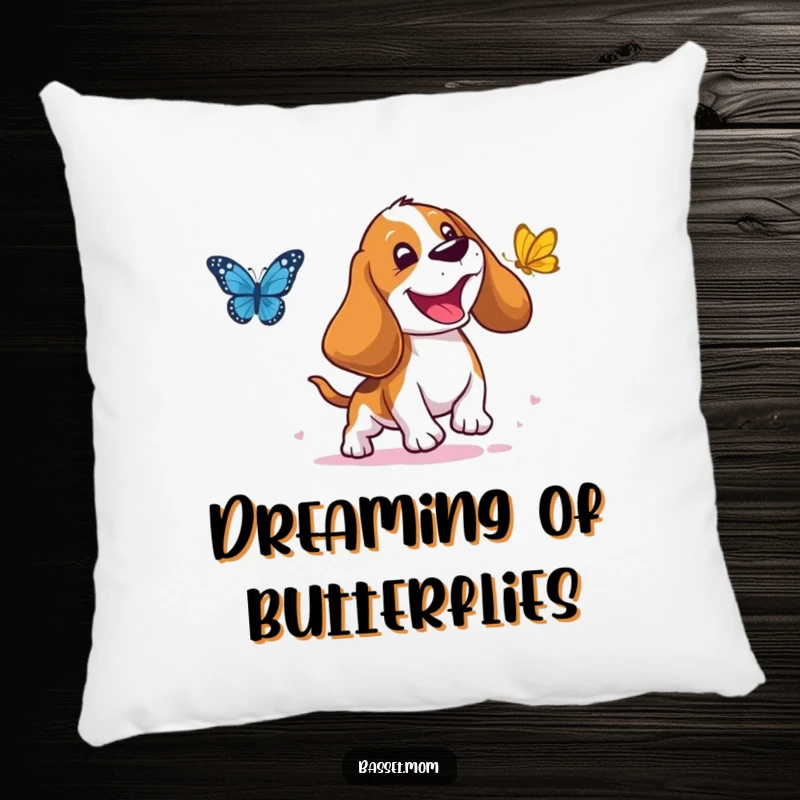 Funny Basset Hound Pillow: A droopy-eared dog joyfully chasing a butterfly, offering comfort and humor, a delightful funny gift.